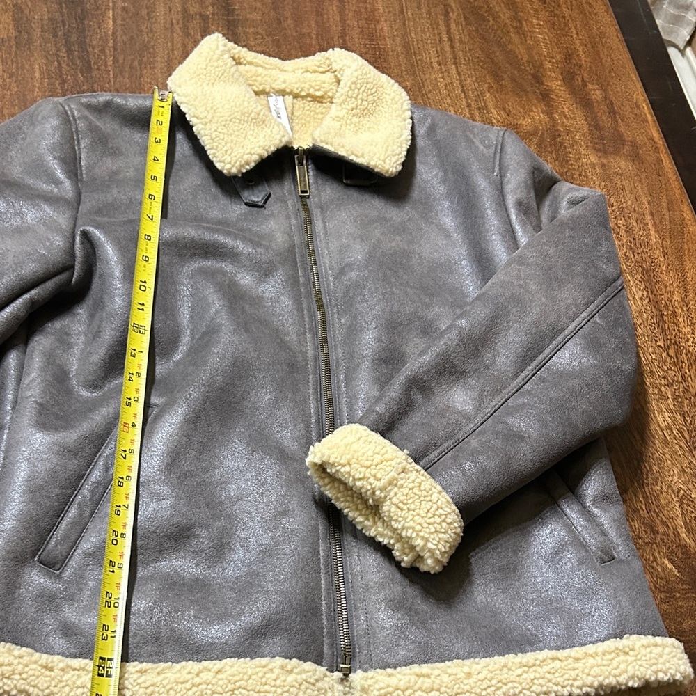 Zara Gray Bomber Jacket with Cream Shearling Collar
